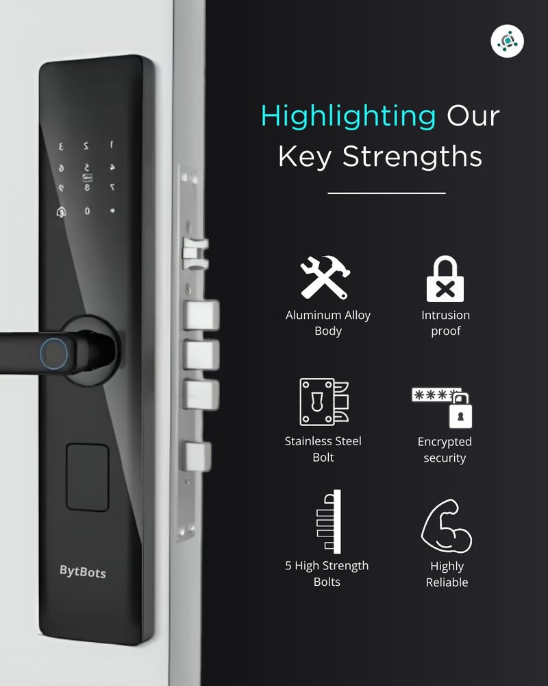 BytBots BytBots Infinity Smart Door Lock 6Way Unlock Fingerprint PIN RFID Card OTP Mobile App WiFi Manual Key 3Years Warranty 5 Bolt Strong Mortis  - Image 4