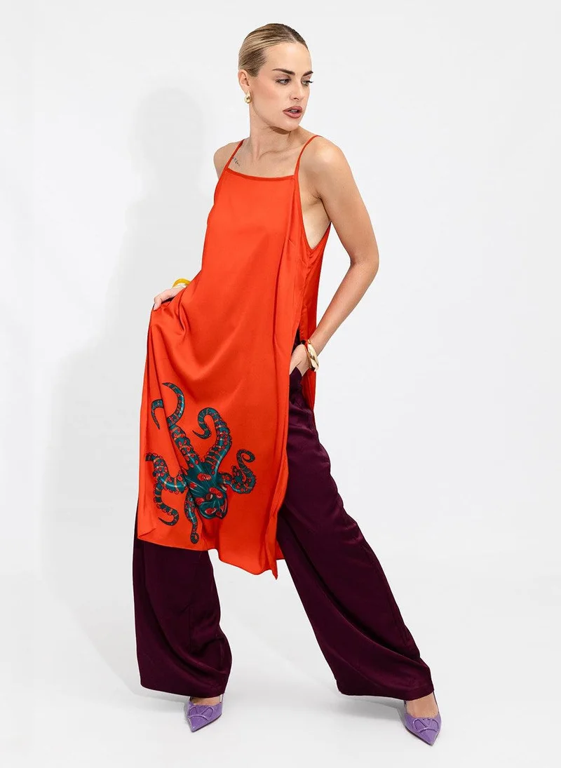 جانارا جونز Fire Orange Octopus Satin Linda Cami Top