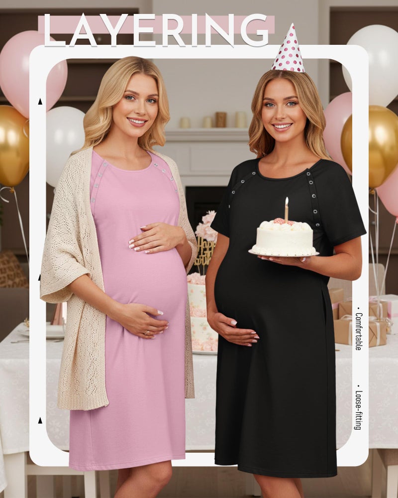 Huukeay 2 Pack Labor Delivery Nursing Hospital Gown Women's Short Sleeve Maternity Birthing Dress 3 In1 Breastfeeding Pajamas(Black, Pink,X-Large) - Image 4