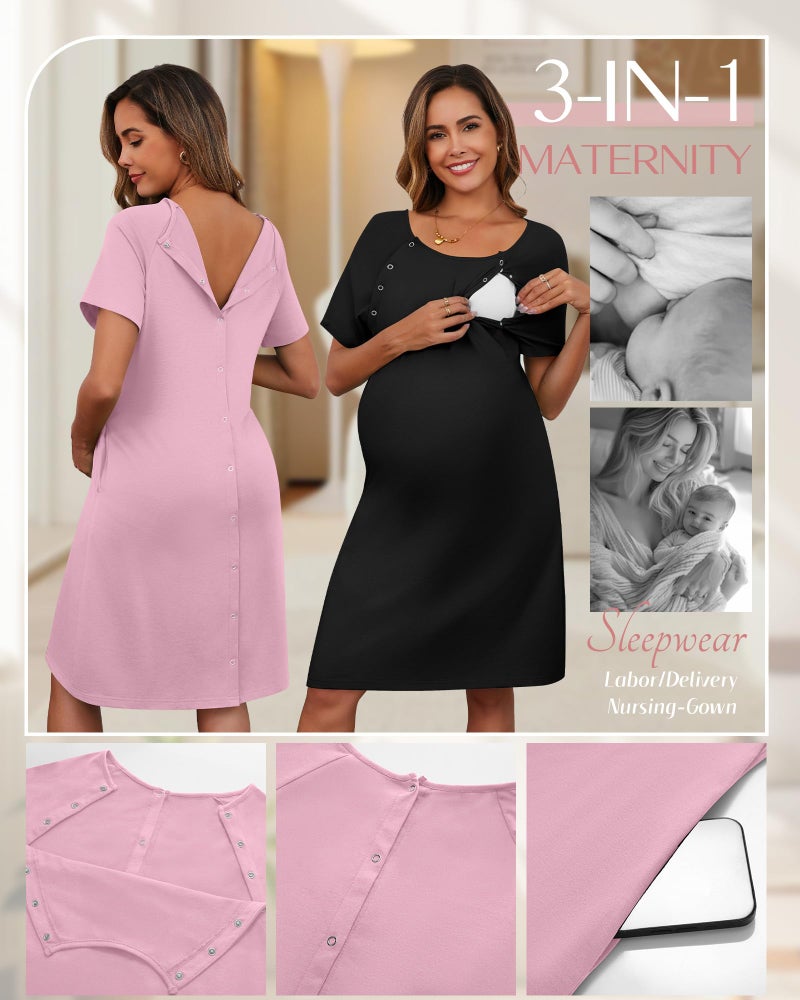 Huukeay 2 Pack Labor Delivery Nursing Hospital Gown Women's Short Sleeve Maternity Birthing Dress 3 In1 Breastfeeding Pajamas(Black, Pink,X-Large) - Image 5
