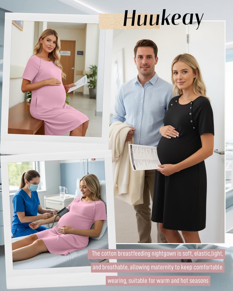 Huukeay 2 Pack Labor Delivery Nursing Hospital Gown Women's Short Sleeve Maternity Birthing Dress 3 In1 Breastfeeding Pajamas(Black, Pink,X-Large) - Image 2