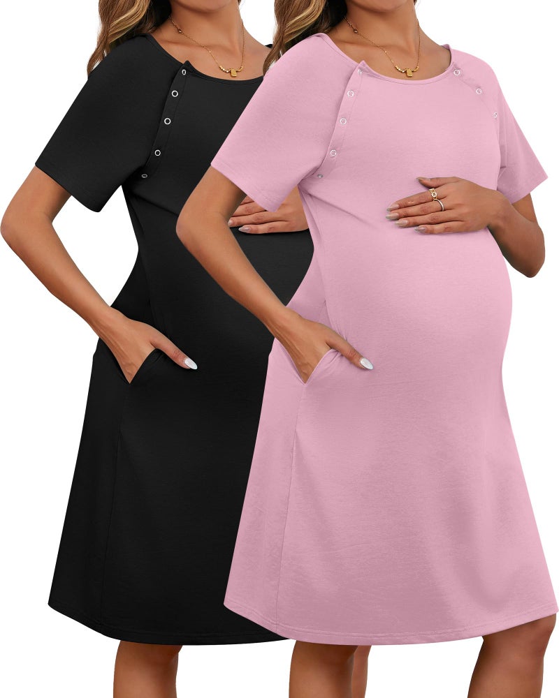 Huukeay 2 Pack Labor Delivery Nursing Hospital Gown Women's Short Sleeve Maternity Birthing Dress 3 In1 Breastfeeding Pajamas(Black, Pink,X-Large) - Image 1