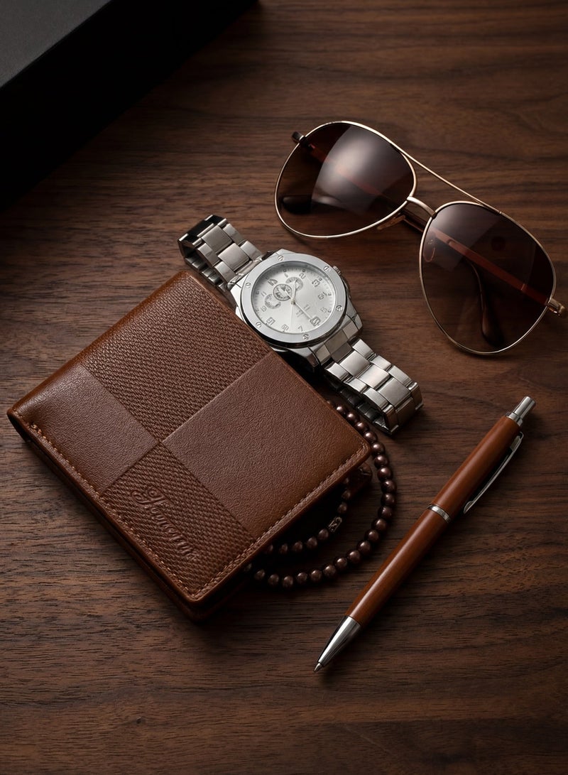 فوريكاسا طقم هدايا رجالي مميز 5 قطع – ساعة، محفظة، نظارة شمسية، سوار خرز وقلم - Image 5