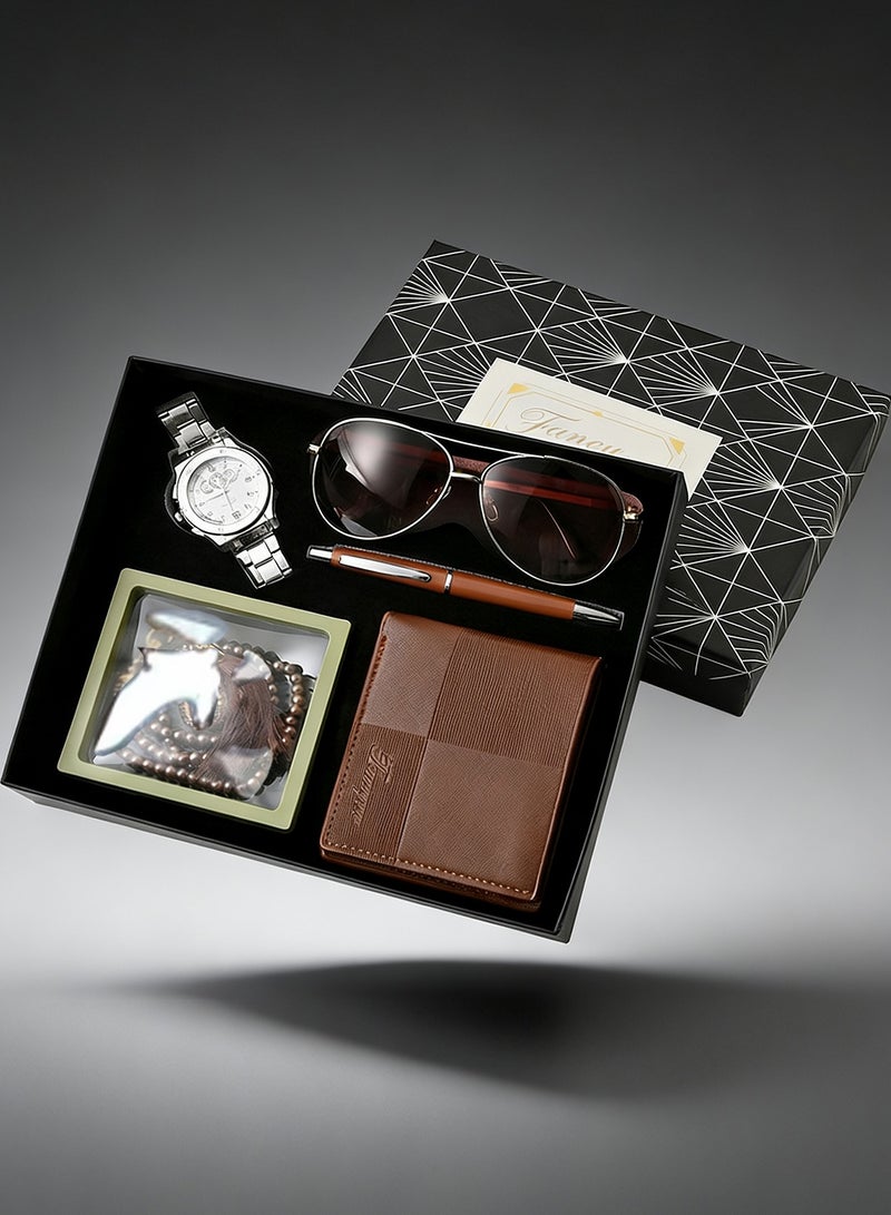 فوريكاسا طقم هدايا رجالي مميز 5 قطع – ساعة، محفظة، نظارة شمسية، سوار خرز وقلم - Image 1