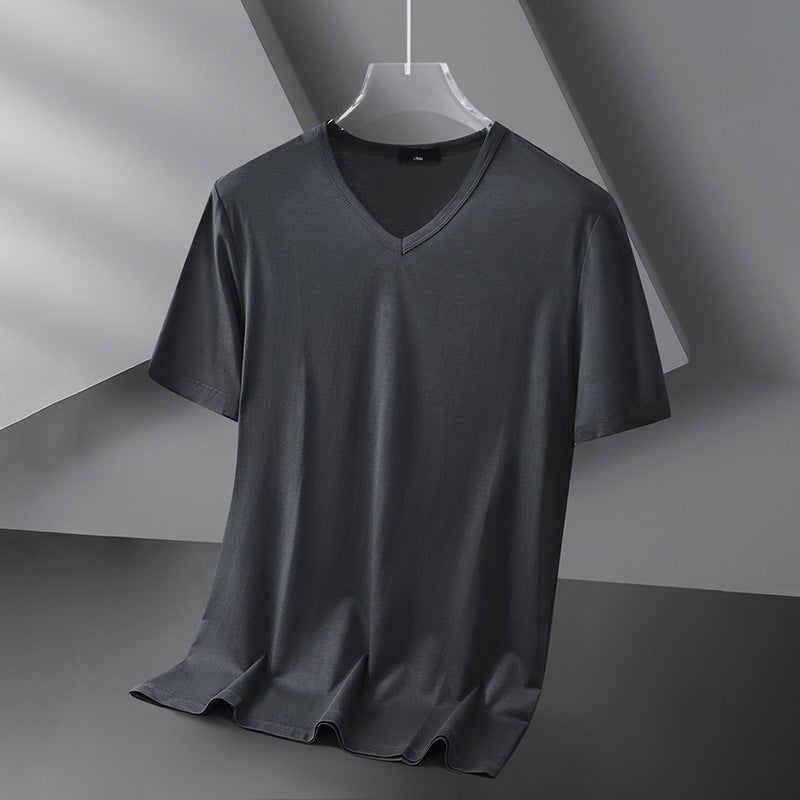 Modal Ice Silk Short-Sleeved T-Shirt For Men Summer Thin V Neck Pure Black Pure Color New Quick-Drying Half-Sleeved T-Shirt Youth - Image 1