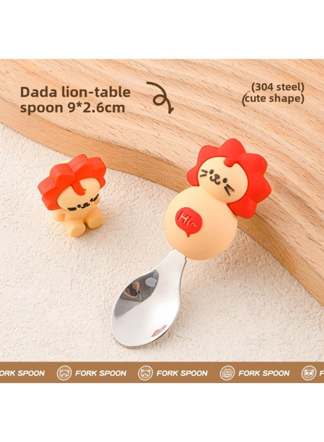 Children's Creative Fork Spoon 304 Stainless Steel Short Handle Cartoon Tableware Household Baby Dining Portable Tableware Suit-Specifications:No Specifications-Color:Dada Lion Spoon - Image 1