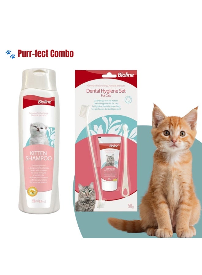 Bioline 2-in-1 Cat Grooming & Care Kit – Kitten Shampoo + Complete Dental Hygiene Set for Cats - Image 1