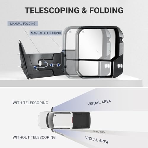 Sanooer Towing Mirror Compatible with 2022-2025 Tundra with Blind Spot Monitoring Power Adjusted Heated Glass Turn Signal Backup Lamp Manual Telescoping & Folding Pair - Image 5