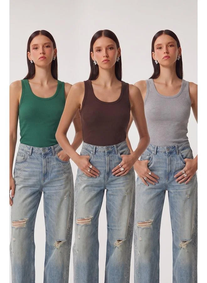 Lovely Istanbul 3-Piece Ribbed Thick-Strap Knitted Tank Top LRN0060 Brown Green Grey.