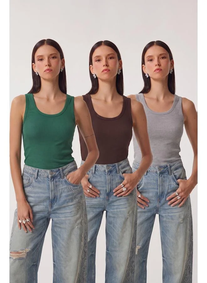 Lovely Istanbul 3-Piece Ribbed Thick-Strap Knitted Tank Top LRN0060 Brown Green Grey.