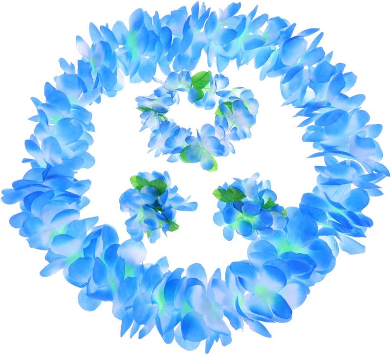 comfrt 1 Set 4pcs Sky-Blue Hawaiian Floral Garland Hawaiian Bright Color Hawaiian Leis Necklace Party Fancy Accessaries (Sky-Blue) - Image 1