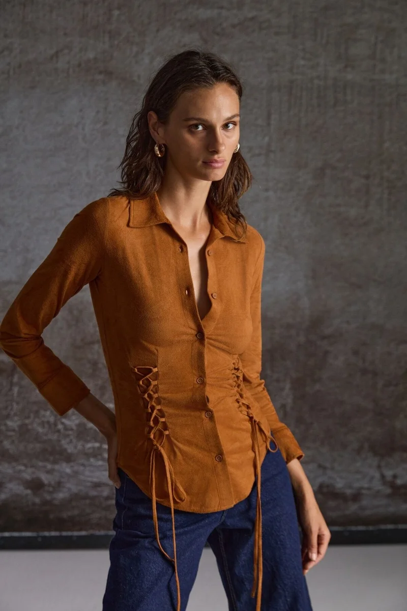 GRIMELANGE Bogotan Women's Slim Fit Body-hugging Suede Waist-Tie Drawstring Brown Shirt