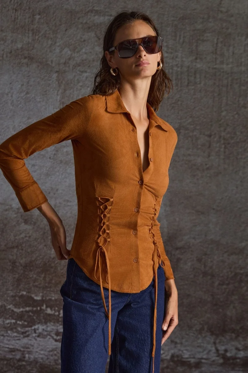 GRIMELANGE Bogotan Women's Slim Fit Body-hugging Suede Waist-Tie Drawstring Brown Shirt