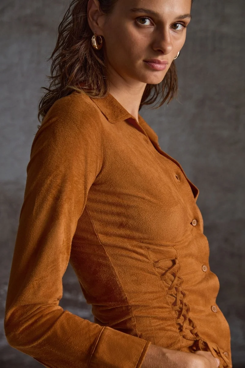 GRIMELANGE Bogotan Women's Slim Fit Body-hugging Suede Waist-Tie Drawstring Brown Shirt