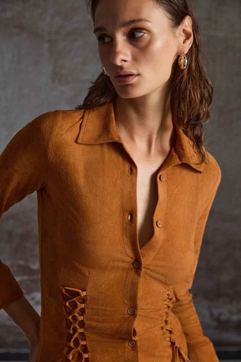 GRIMELANGE Bogotan Women's Slim Fit Body-hugging Suede Waist-Tie Drawstring Brown Shirt