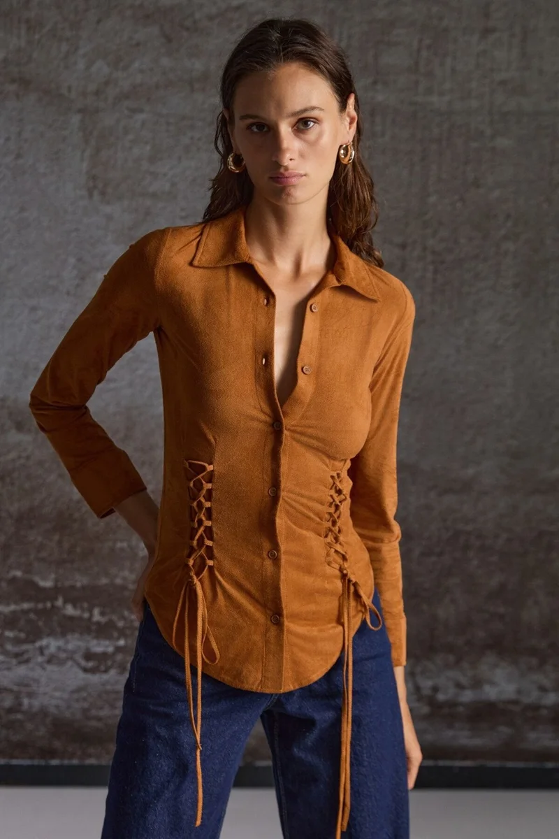 GRIMELANGE Bogotan Women's Slim Fit Body-hugging Suede Waist-Tie Drawstring Brown Shirt