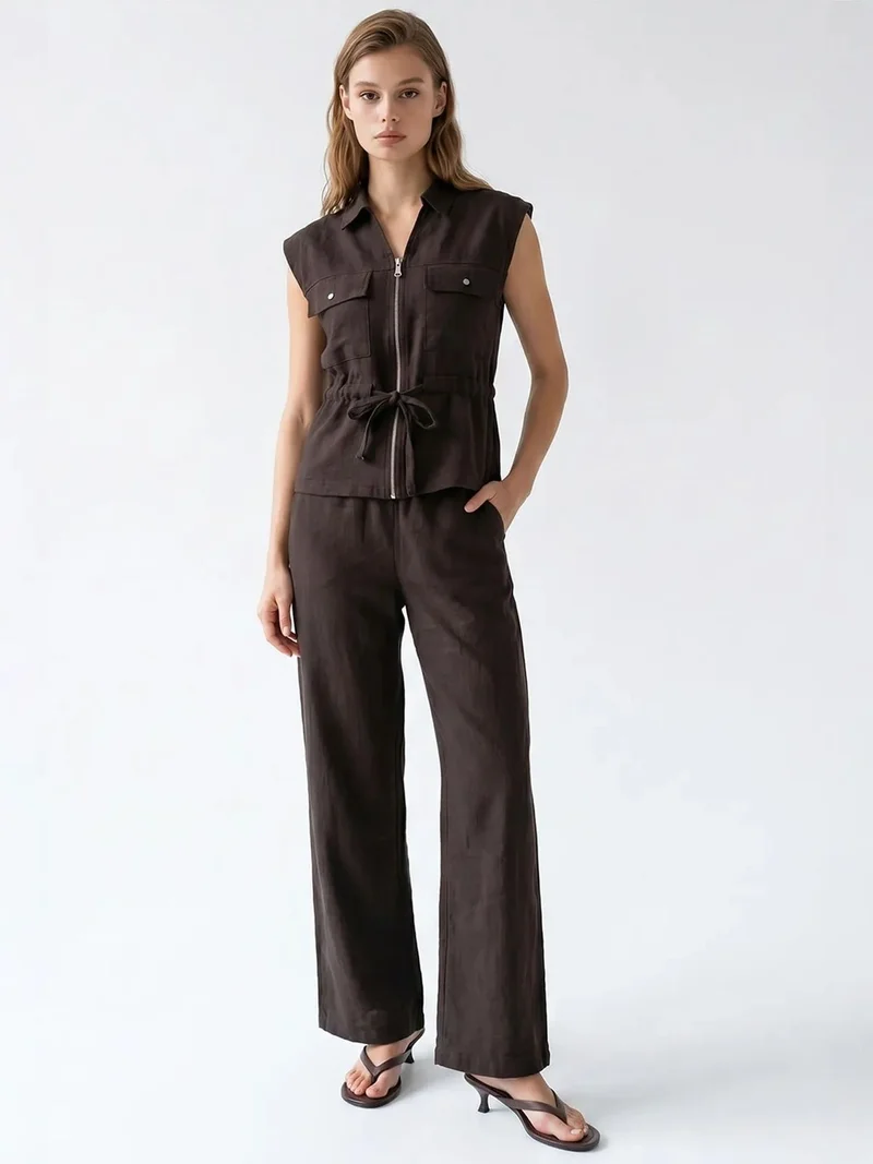 ميكسراي MIXRAY Cotton Sleeveless Vest And Wide-Leg Trousers Set