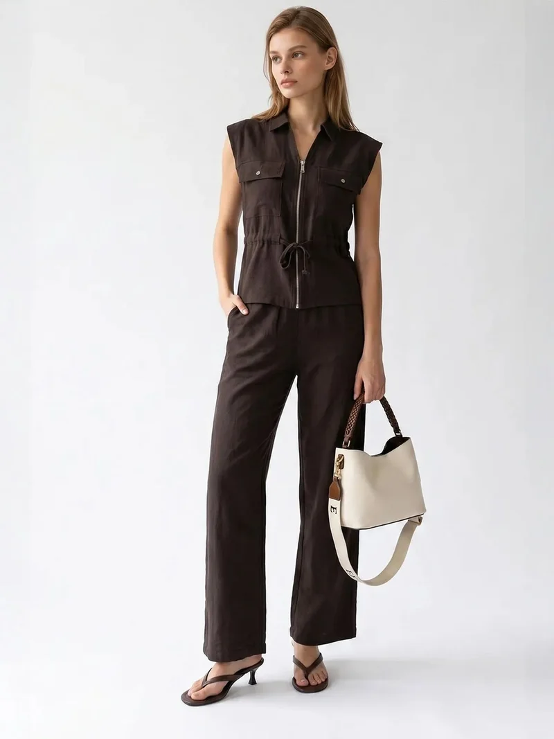 Mixray Coffee Brown MIXRAY Cotton Sleeveless Vest And Wide-Leg Trousers Set for Women | Best Price UAE