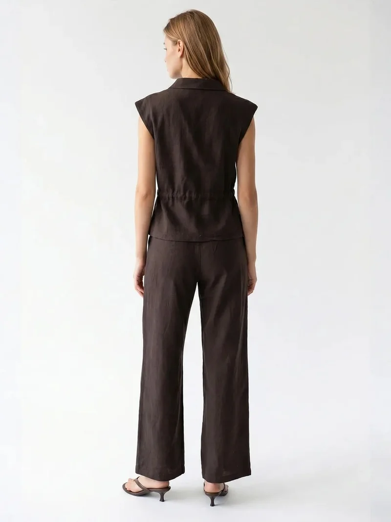 Mixray Coffee Brown MIXRAY Cotton Sleeveless Vest And Wide-Leg Trousers Set for Women | Best Price UAE