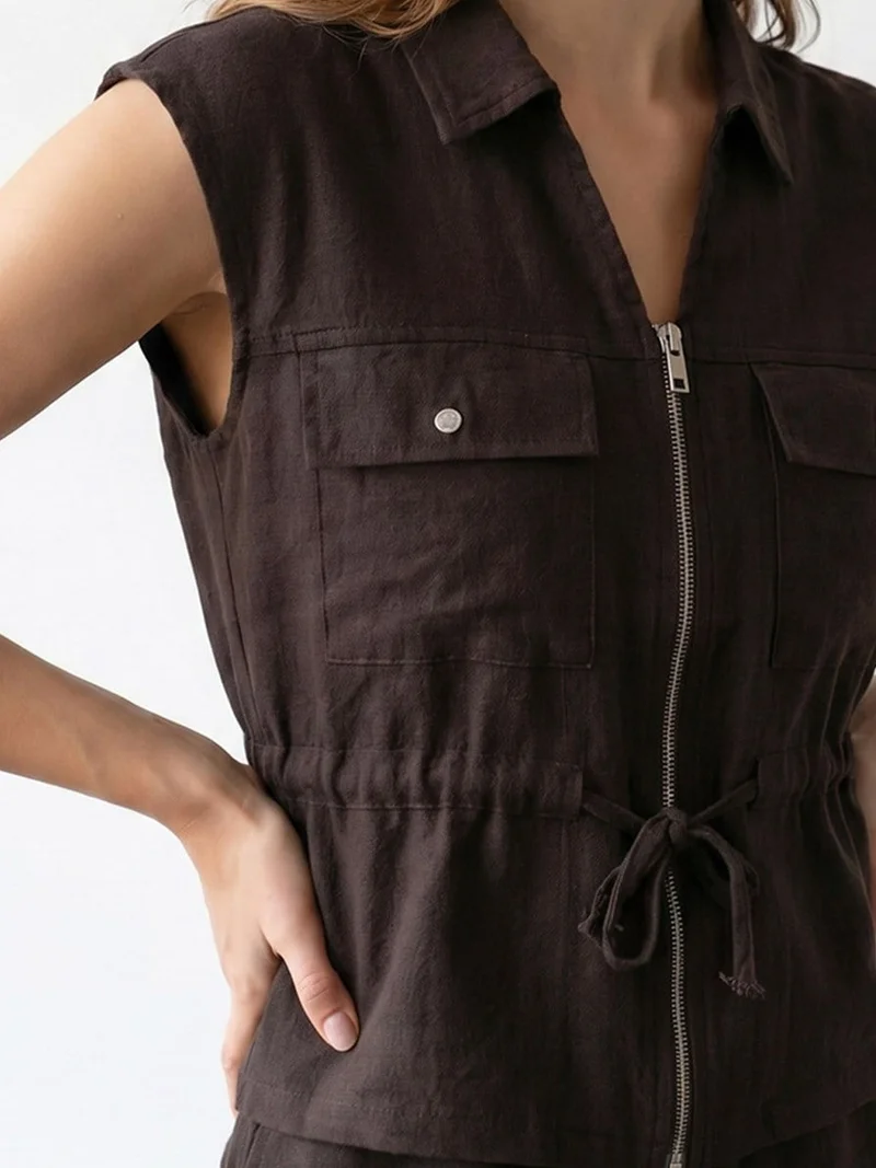 Mixray Coffee Brown MIXRAY Cotton Sleeveless Vest And Wide-Leg Trousers Set for Women | Best Price UAE
