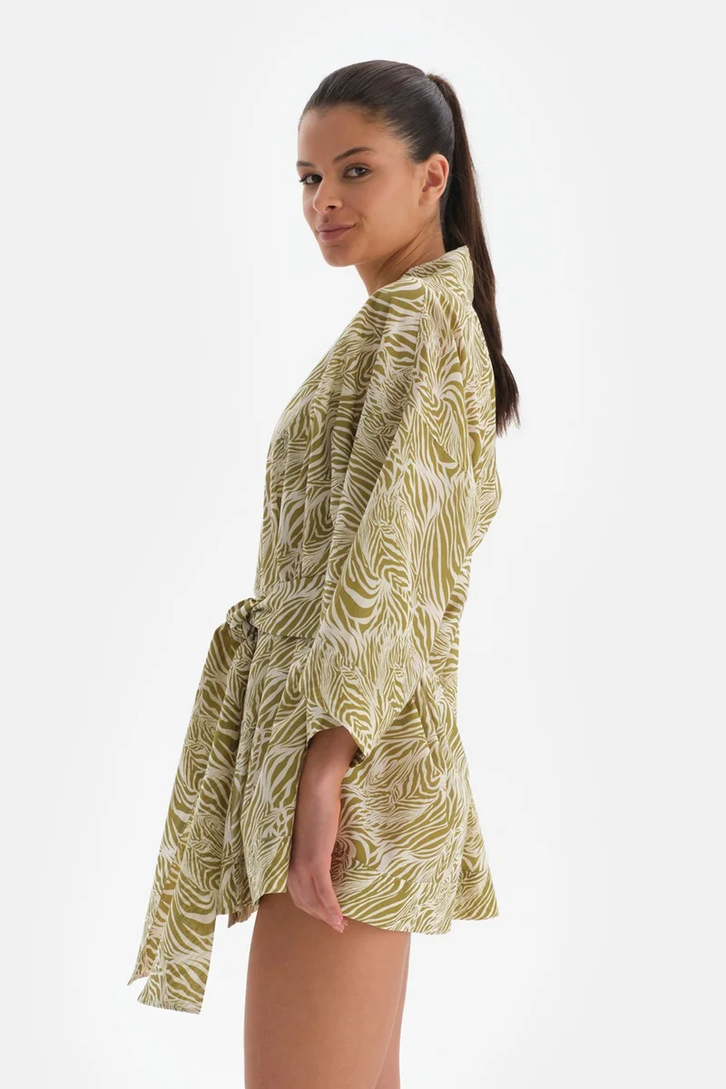 داجي Green-White Cotton Kimono