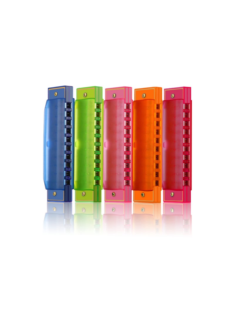 Kids Harmonica Set - 10 Hole Translucent Harmonicas for Beginners, Educational Musical Instruments for Children, Perfect for Parties and Holidays (5 Pack in Blue, Red, Green, Orange, Pink)  - Image 1