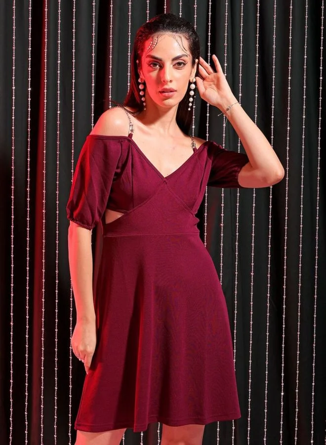 Freehand  Women Regular Fit Solid Off Shoulder Three-Quarter Sleeve Skater Dress for Women | Best Price UAE