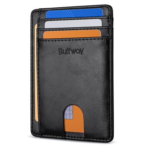 Buffway Slim Minimalist Front Pocket RFID Blocking Leather Wallets for Men and Women - Carbon Fiber Coffee - Image 1