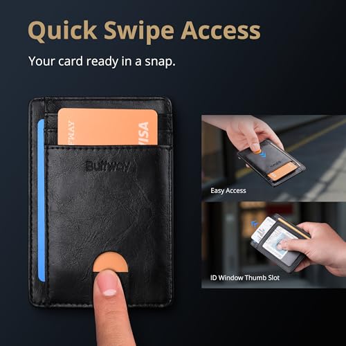 Buffway Slim Minimalist Front Pocket RFID Blocking Leather Wallets for Men and Women - Carbon Fiber Coffee - Image 4