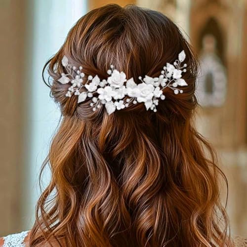 Unicra Flower Bride Wedding Hair Vine Pearl Bridal Hair Piece Leaf Hair Accessories Rhinestone Headband for Women and Girls (9inches) (Silver) - Image 3