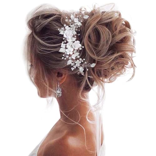Unicra Flower Bride Wedding Hair Vine Pearl Bridal Hair Piece Leaf Hair Accessories Rhinestone Headband for Women and Girls (9inches) (Silver) - Image 1