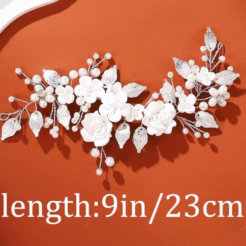 Unicra Flower Bride Wedding Hair Vine Pearl Bridal Hair Piece Leaf Hair Accessories Rhinestone Headband for Women and Girls (9inches) (Silver) - Image 5