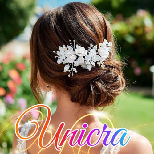 Unicra Flower Bride Wedding Hair Vine Pearl Bridal Hair Piece Leaf Hair Accessories Rhinestone Headband for Women and Girls (9inches) (Silver) - Image 4