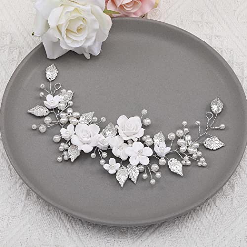 Unicra Flower Bride Wedding Hair Vine Pearl Bridal Hair Piece Leaf Hair Accessories Rhinestone Headband for Women and Girls (9inches) (Silver) - Image 2