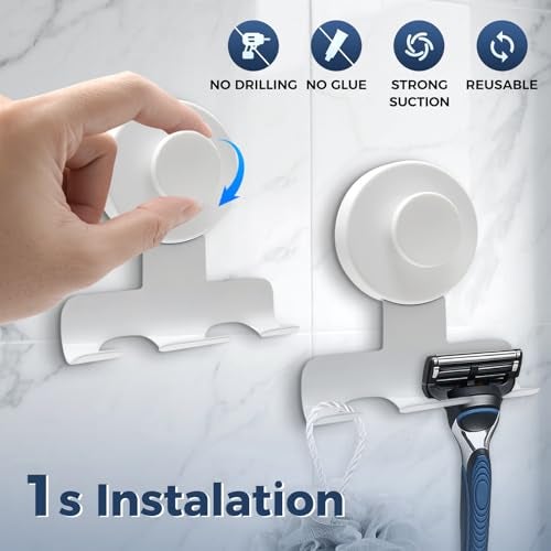 WingWider Suction Cup Razor Holder for Shower,Heavy-Duty 7KG Suction Hooks for Razor,Towel,Loofah,Removable Damage-Free Metal Shower Hook,Shaver Holder,2 Pack(Matte White) - Image 2