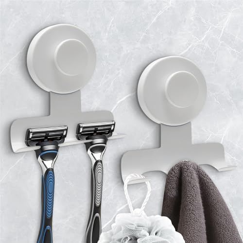 WingWider Suction Cup Razor Holder for Shower,Heavy-Duty 7KG Suction Hooks for Razor,Towel,Loofah,Removable Damage-Free Metal Shower Hook,Shaver Holder,2 Pack(Matte White) - Image 1