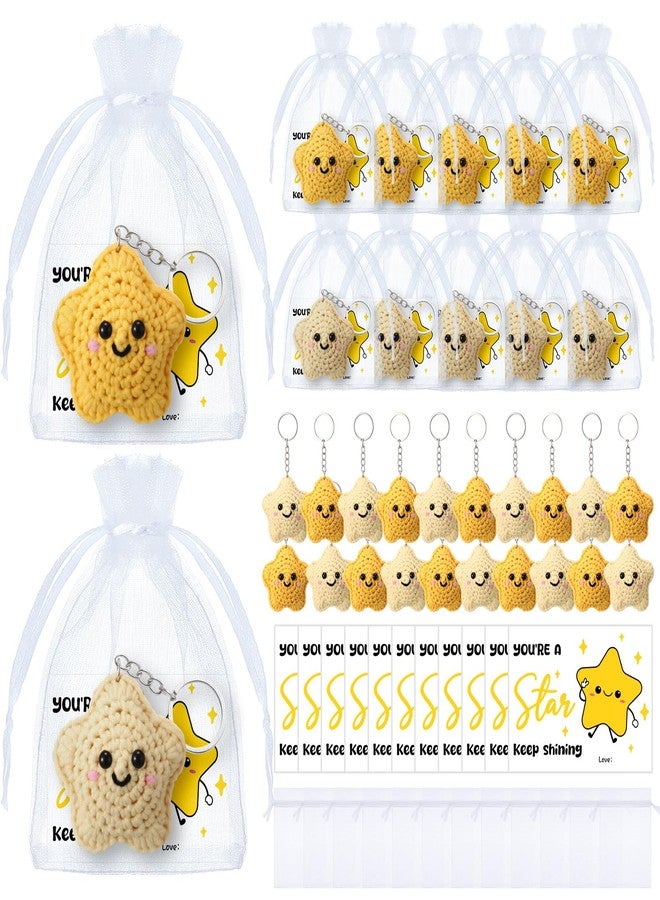 سوريو مجموعة شوريو المكونة من 24 قطعة من سلاسل مفاتيح كروشيه على شكل وجه مبتسم ونجمة، هدية تقدير للموظفين، حشوات جوارب عيد الميلاد لحقيبة المفاتيح والمحفظة وحقيبة اليد - Image 1