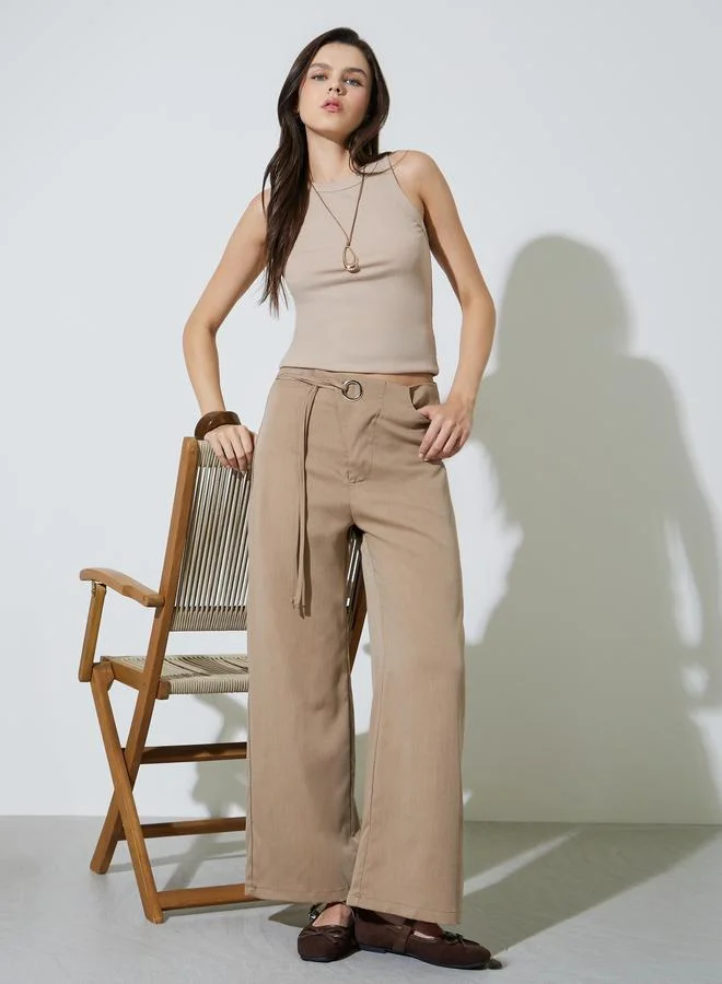 Take Two Tan Wide Leg Pants with Cord Detail