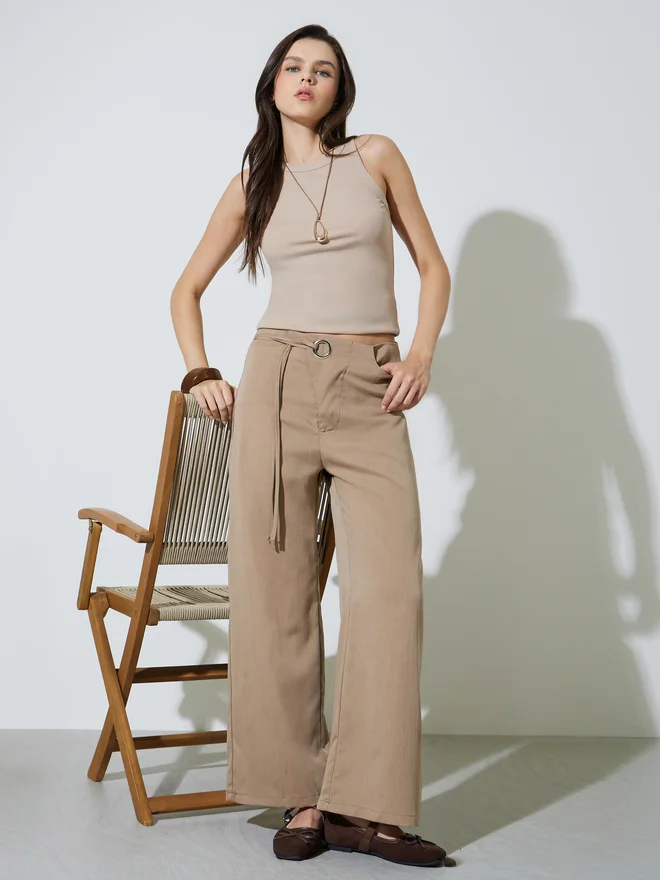 Styli Styli Tan Wide Leg Pants with Cord Detail
