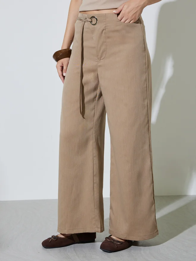 Styli Styli Tan Wide Leg Pants with Cord Detail