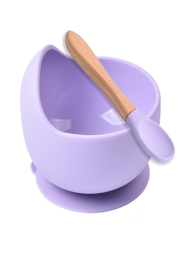 HEXONIQ Baby Feeding Bowl & Spoon Weaning Set, Food Grade Silicone Solid Suction Cup Bowl & Wooden Spoon With Stay Put Silicone Suction Bowl, Gift For Toddler Children Girls Boys (Purple) - Image 1