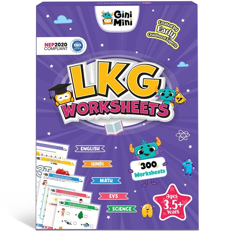 GiniMini 300 LKG Worksheets for Kids 3 4 5 6 Years | English, Math, Hindi, EVS & Science Learning Books | Preschool Writing & Activity Practice | Educational Gift Set with Pencils, Erasers & Stickers - Image 1