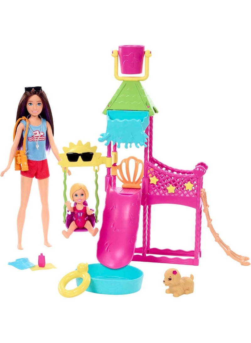 Barbie Toys, Skipper Doll and Waterpark Playset with Working Water Slide and Accessories, First Jobs - Image 1