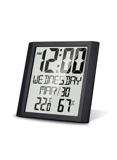 Digital Wall Clock with Temperature & Humidity 8.6'' Large Display Time/ Date/ Week Alarm Clock & Snooze ℃/ ℉ Selectable Indoor Thermo-hygrometer Accurate Weather Monitor for Home Office (Black)