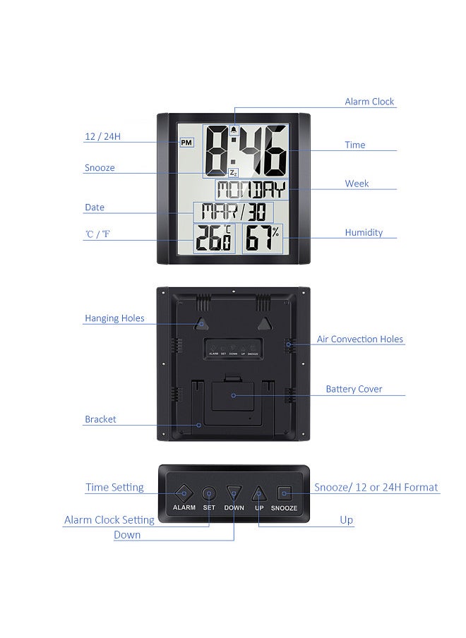 Generic - Digital Wall Clock with Temperature & Humidity 8.6'' Large Display Time/ Date/ Week Alarm Clock & Snooze ℃/ ℉ Selectable Indoor Thermo-hygrometer Accurate Weather Monitor for Home Office (Black) - Image 1