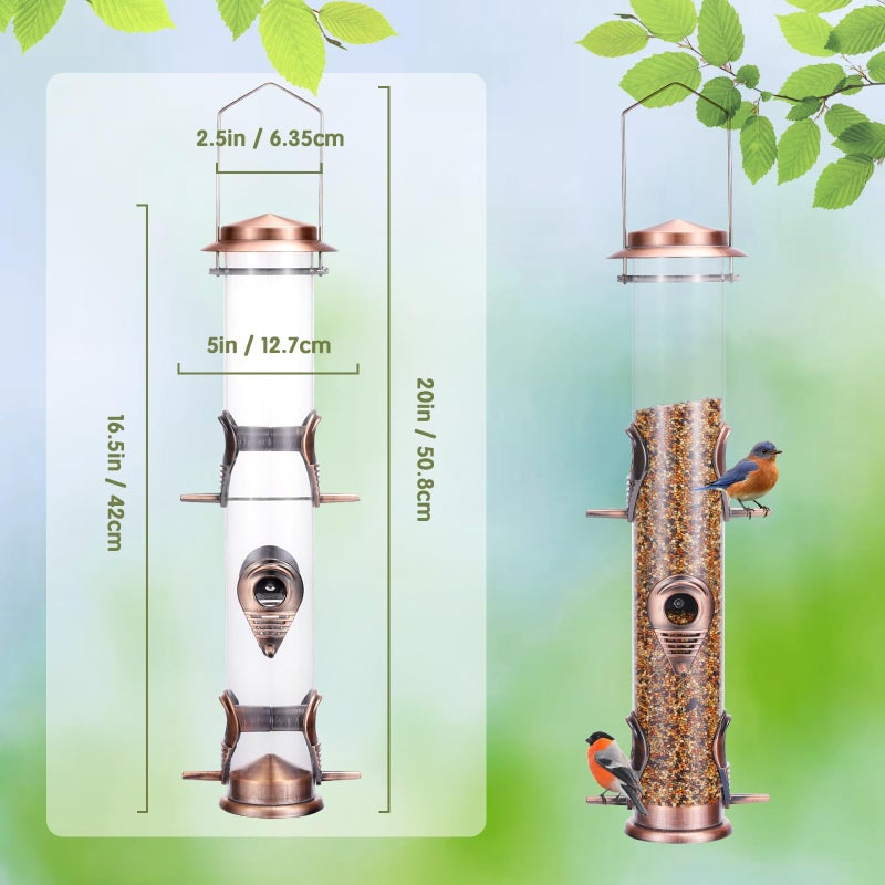 MIXXIDEA Metal Wild Bird Feeder, Squirrel Proof, Hanging 6 Port Tube Finch Feeder for Attracting Birds in Lawn, Garden, Balcony - Antique Copper - Image 2