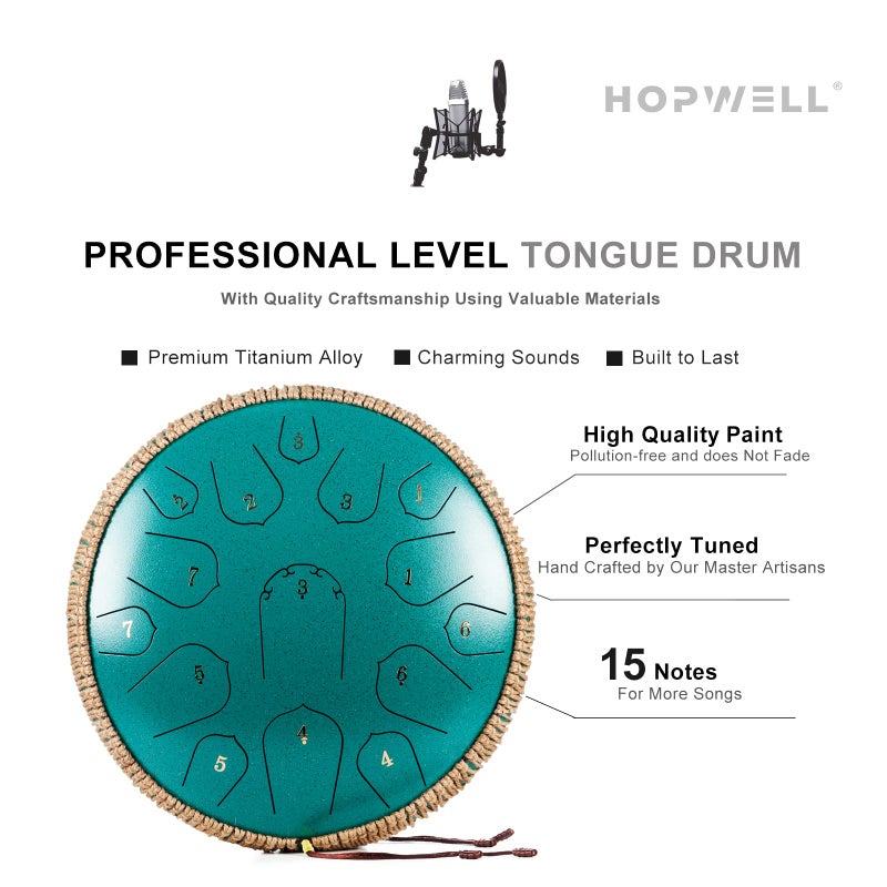 HOPWELL درام لسان فولاذي - هوبويل 15 نوتة 14 بوصة - آلة إيقاع - درام بان يدوي مع كتاب موسيقي، عصي درام وحقيبة حمل، دو ماجور، أخضر مالاكيت - Image 3