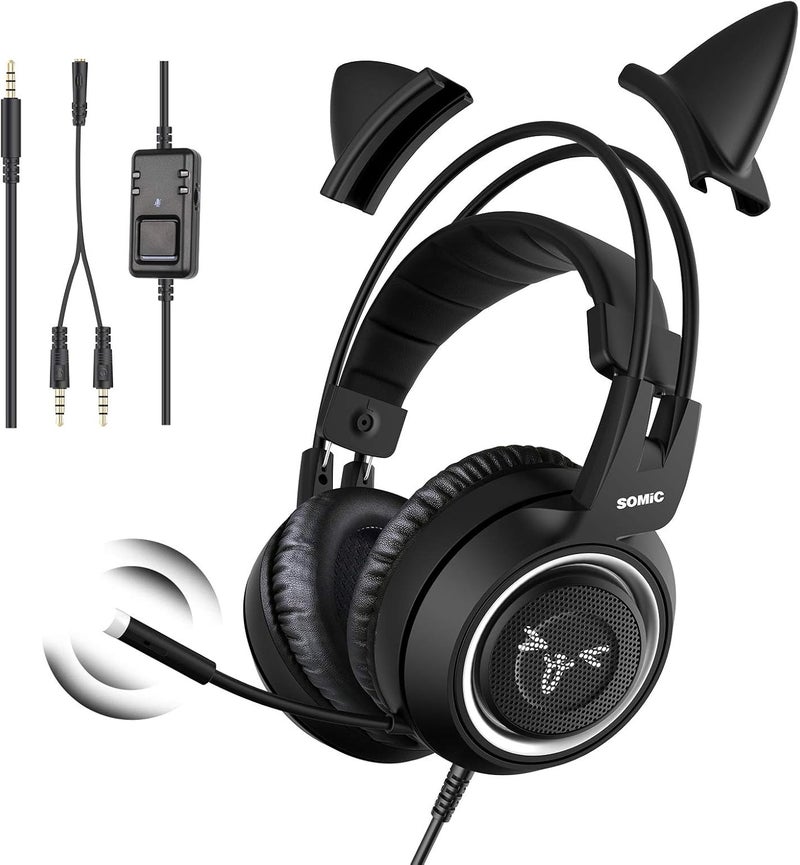Somic G951s Pink Stereo Gaming Headset with Mic for PS4, Xbox One, PC, Mobile Phone, 3.5MM Sound Detachable Cat Ear Headphones Lightweight Self-Adjusting Over Ear Headphones (Black) - Image 1