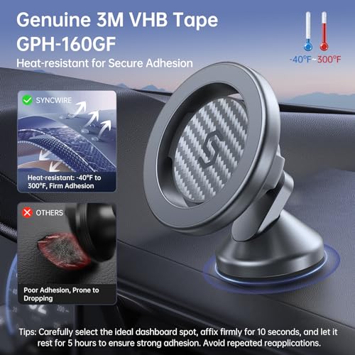 SYNCWIRE for MagSafe Car Mount - Kevlar Material Magnetic Phone Holder for Car Dash,360° Rotation Strong Magnets Car Phone Holder Compatible iPhone 17 Pro Max Air 16 15 14 13, MagSafe Car Accessories - Image 5