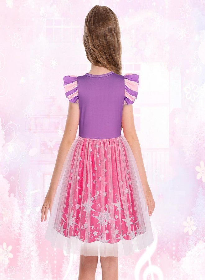 HenzWorld Princess Dress for Girls Kids Short Flutter Sleeve Tulle Tutu Dresses Halloween Cosplay Theme Party Outfits Size 3-4T Purple Sequin - Image 3
